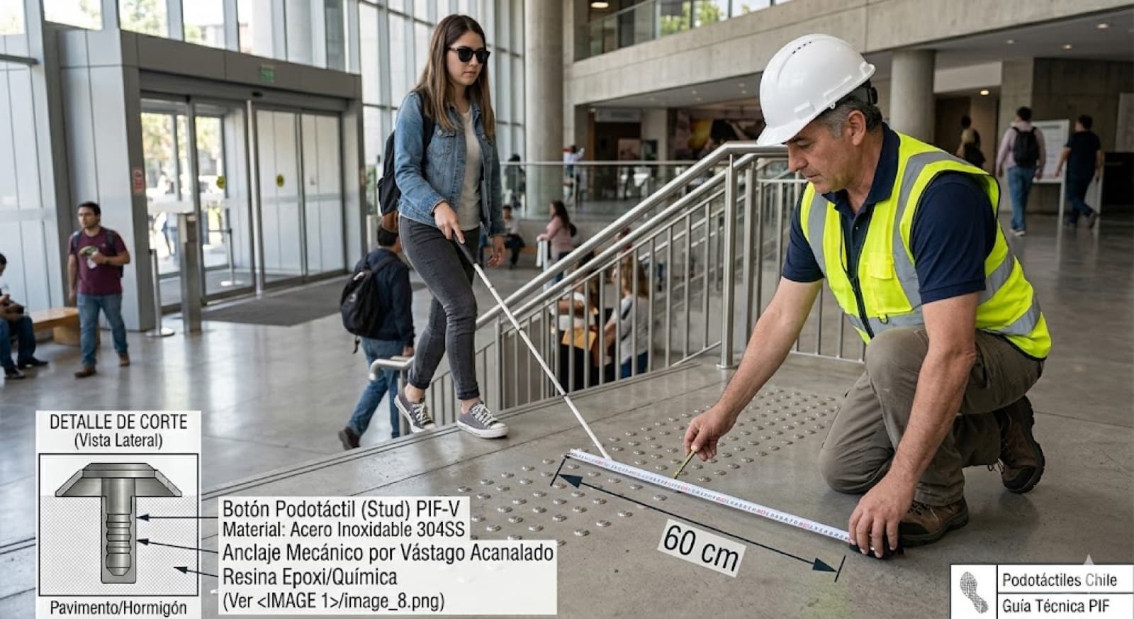 Huincha de medir sobre una franja de botones podotáctiles dispuestos en tresbolillo, durante la verificación en obra
